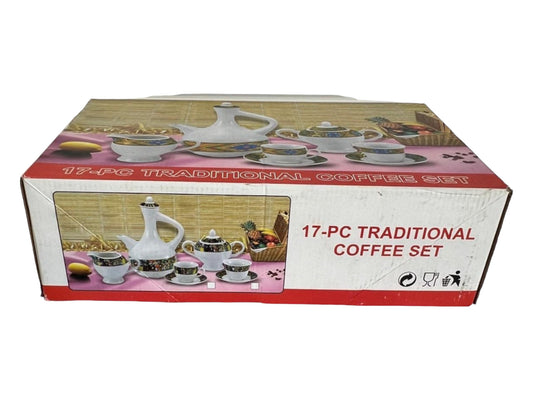 A 17-piece traditional coffee set with a Habesha Jebena design, including coffee cups, a coffee pot, milk pot, and sugar pot, with decorative patterns.