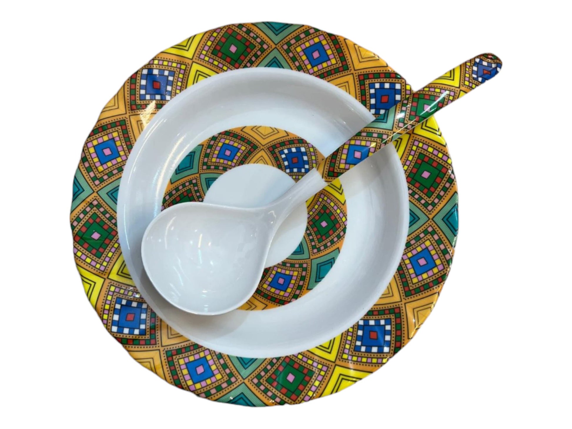 A set of traditional Habesha tableware featuring a colorful geometric pattern on the plates and a matching spoon.