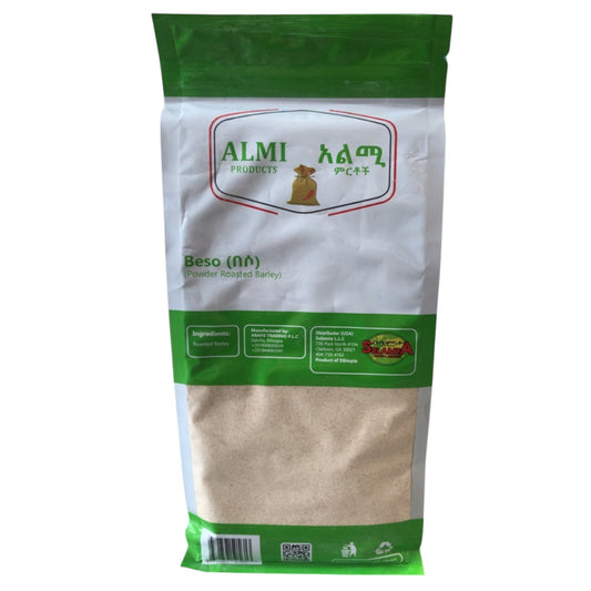 A package of Almi brand Beso Ethiopian roasted barley powder, 500g.