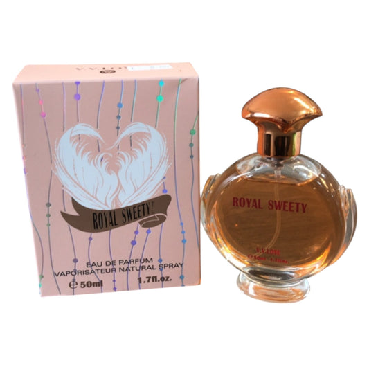 A bottle of Royal Sweety perfume next to its packaging box. The bottle is transparent with a bronze cap, and the box is pink with heart graphics and text.