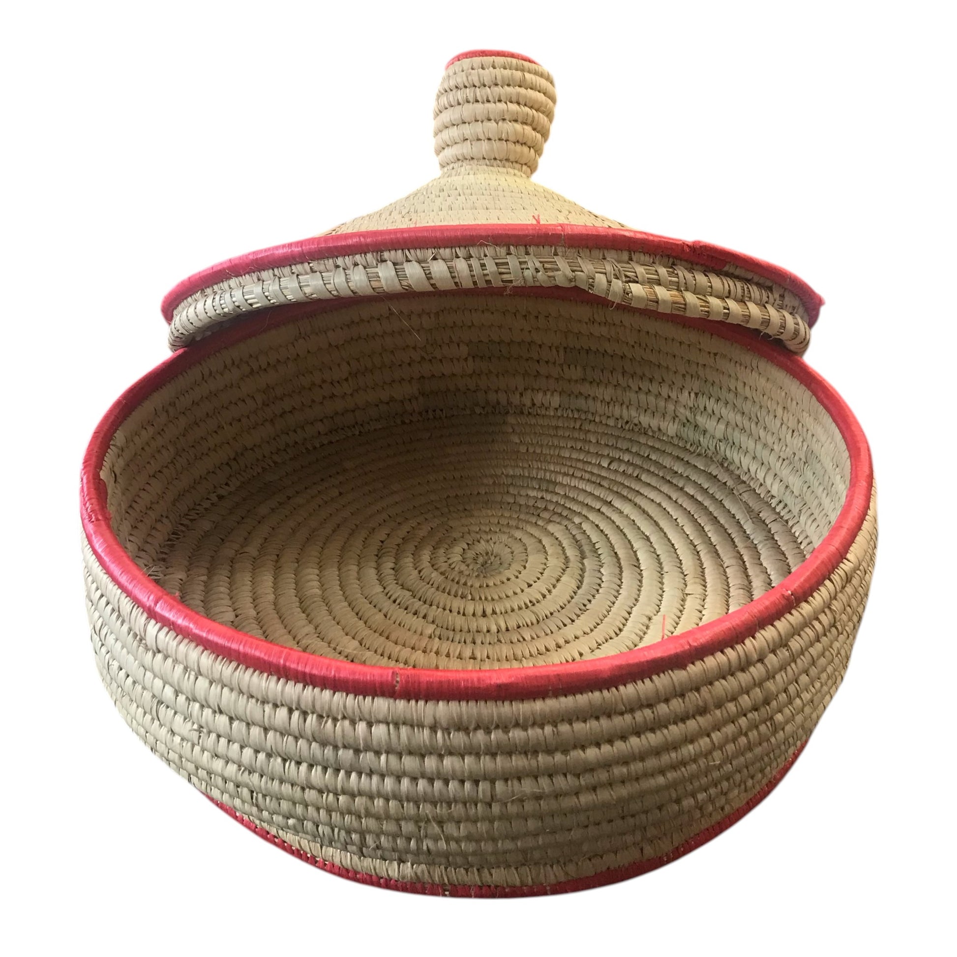 Woven basket with a red rim and lid on a white background