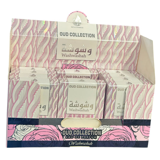Washwashah Oud Collection packaging with pink and white design