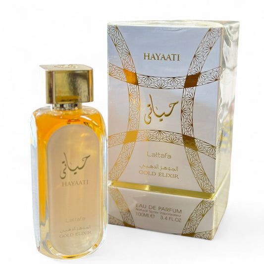 Hayaati perfume bottle and packaging on a white background