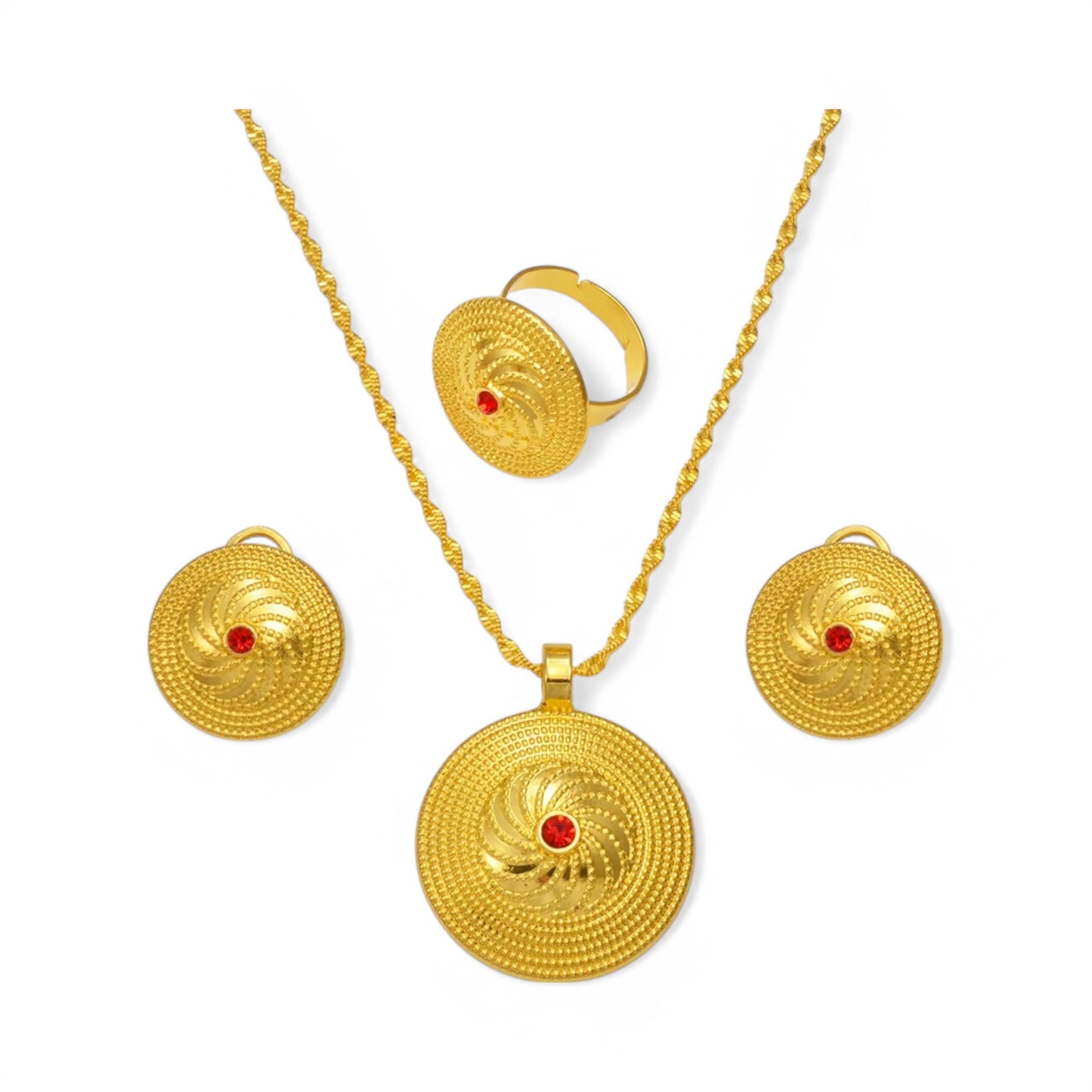 A gold-plated traditional Habesah woman's jewellery set, including a necklace, earrings, and a ring, with options of gemstones, typically worn by Eritrean and Ethiopian women.