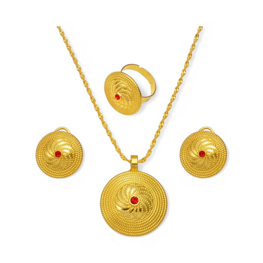 A gold-plated traditional Habesah woman's jewellery set, including a necklace, earrings, and a ring, with options of gemstones, typically worn by Eritrean and Ethiopian women.