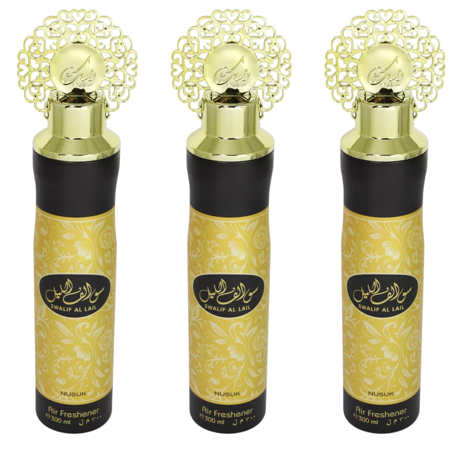 Three bottles of Swalif Al Lail air freshener with decorative gold caps on a yellow background with black text.
