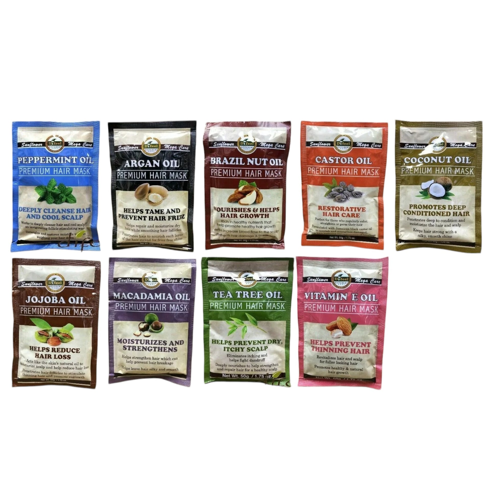 A collection of Difeel hair mask packets in various flavors including Argan Oil, Brazil Nut, Castor Oil, Coconut Oil, Jojoba Oil, Macadamia Oil, and Tea Tree Oil, each packet is colorfully designed representing the respective oil type.