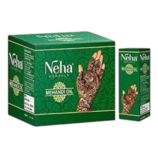 A 6ml bottle of Neha Mehandi Henna Hina Oil, with packaging depicting the product name and usage on a green background.