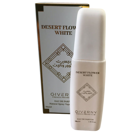 Giverny Desert Flower White perfume bottle and packaging on a white background