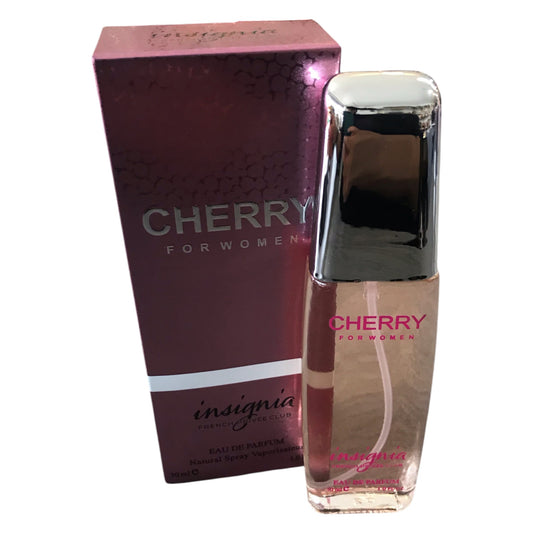 Perfume bottle and packaging of 'Cherry for Women' by Insignia on a white background