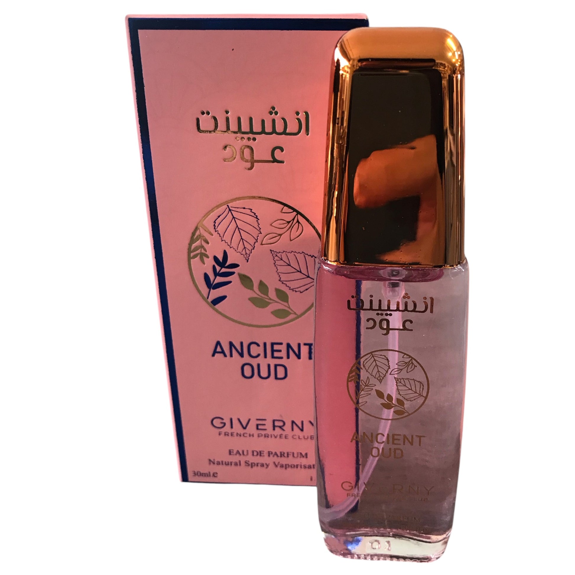 Giverny Ancient Oud perfume bottle and packaging on a white background
