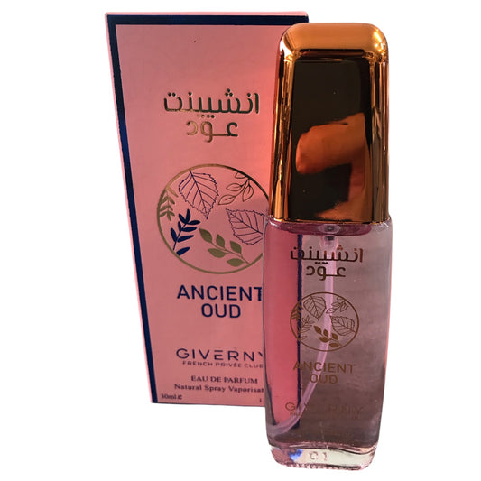 Giverny Ancient Oud perfume bottle and packaging on a white background