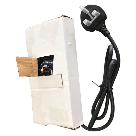 White paper bag with a brown paper bag inside, black power cord, and plug on a white background
