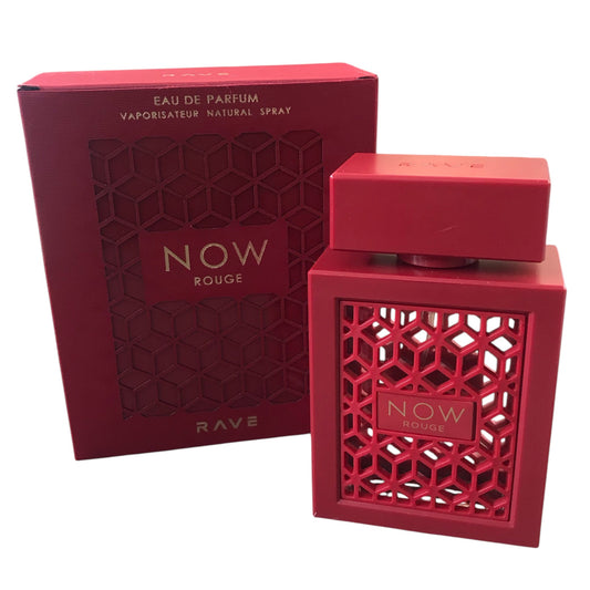Red perfume bottle and packaging with 'NOW Rouge' branding on a white background