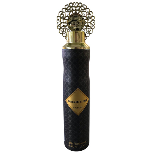 Black and gold air freshener bottle with 'Golden Elixir' branding on a white background