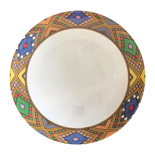Decorative plate with a colorful geometric pattern on a white background