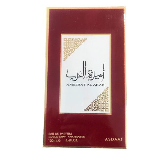 Ameerat Al Arab perfume packaging with maroon border and white center.