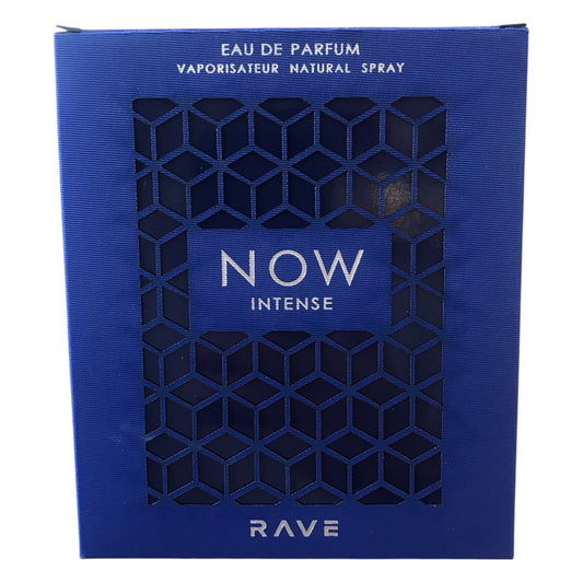 Blue packaging of RAVE Now Intense Eau de Parfum on a white background