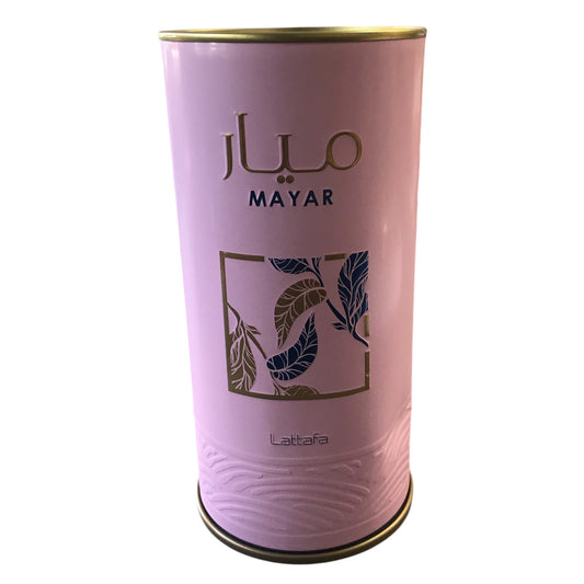 Pink cylindrical container with gold accents and 'MAYAR' branding on a white background