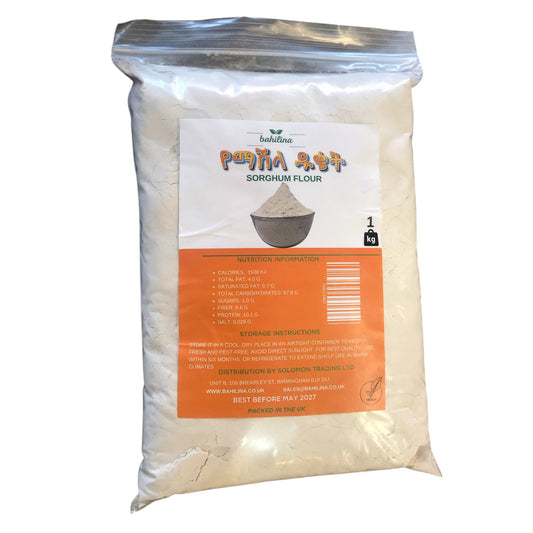 Bag of bahilina sorghum flour with a label on a white background