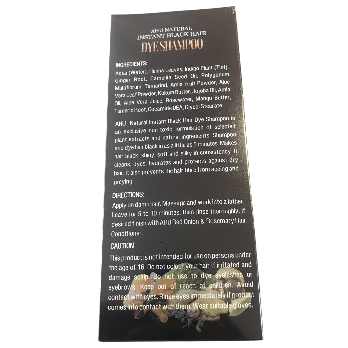 Back of a black hair dye shampoo packaging with text and ingredient list on a white background