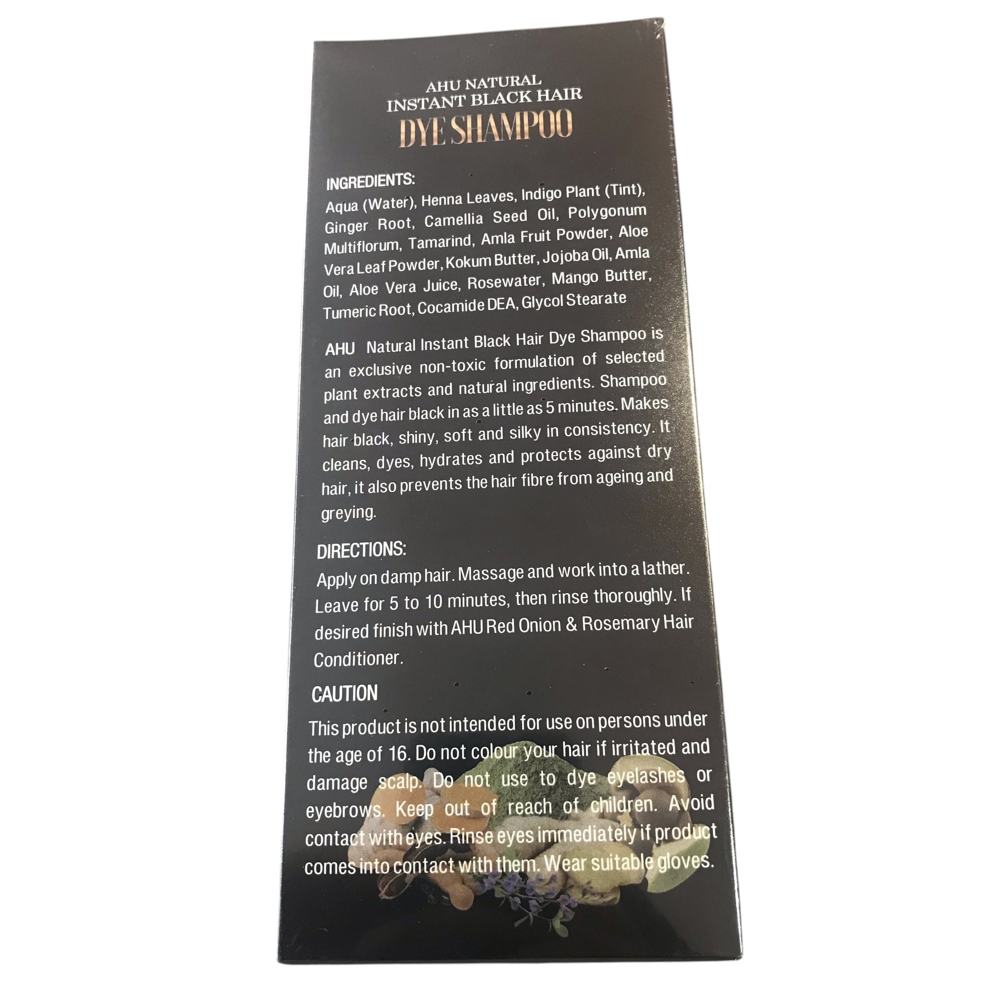 Back of a black hair dye shampoo packaging with text and ingredient list on a white background