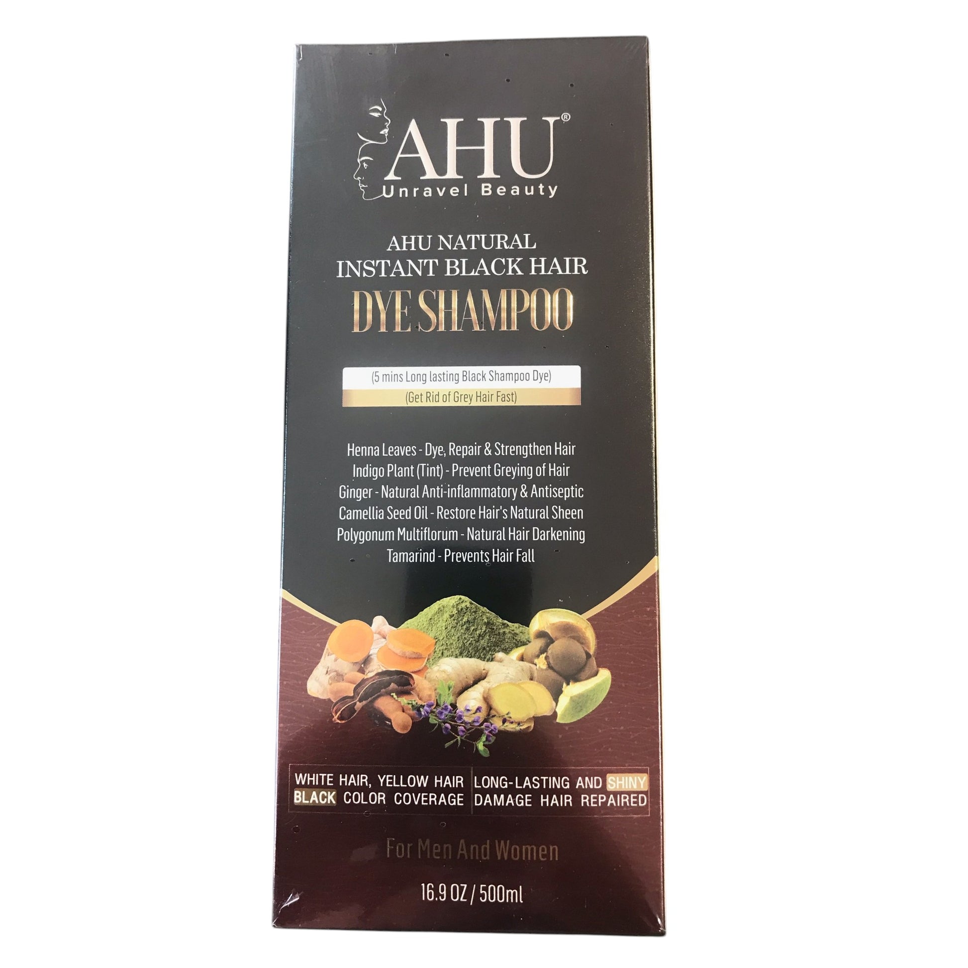 AHU Natural Instant Black Hair Dye Shampoo packaging on a white background