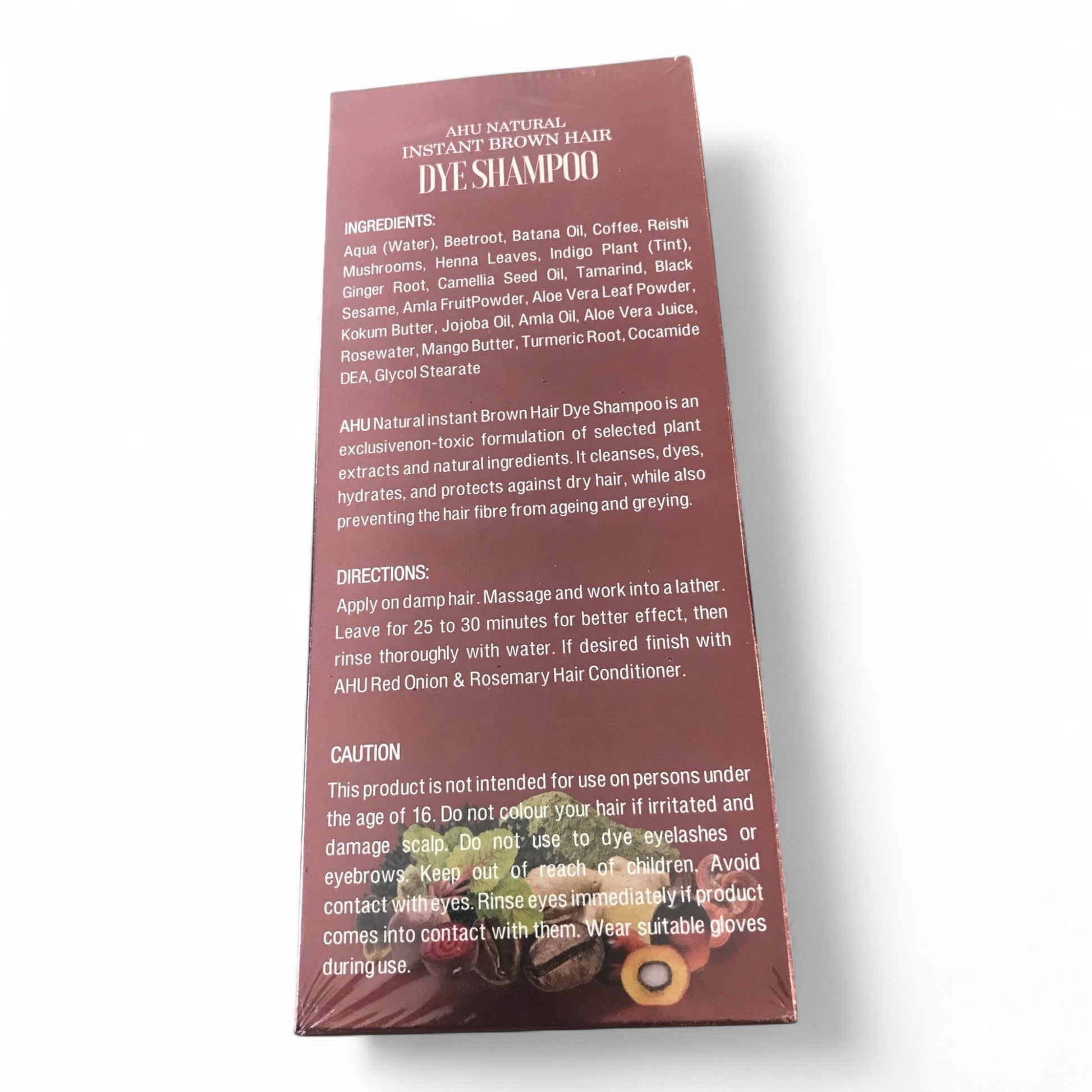 AHI Natural Brown Hair Dye Shampoo packaging with text on a white background