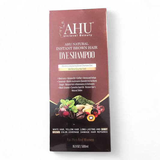 AHU Natural Instant Brown Hair Dye Shampoo packaging on a white background