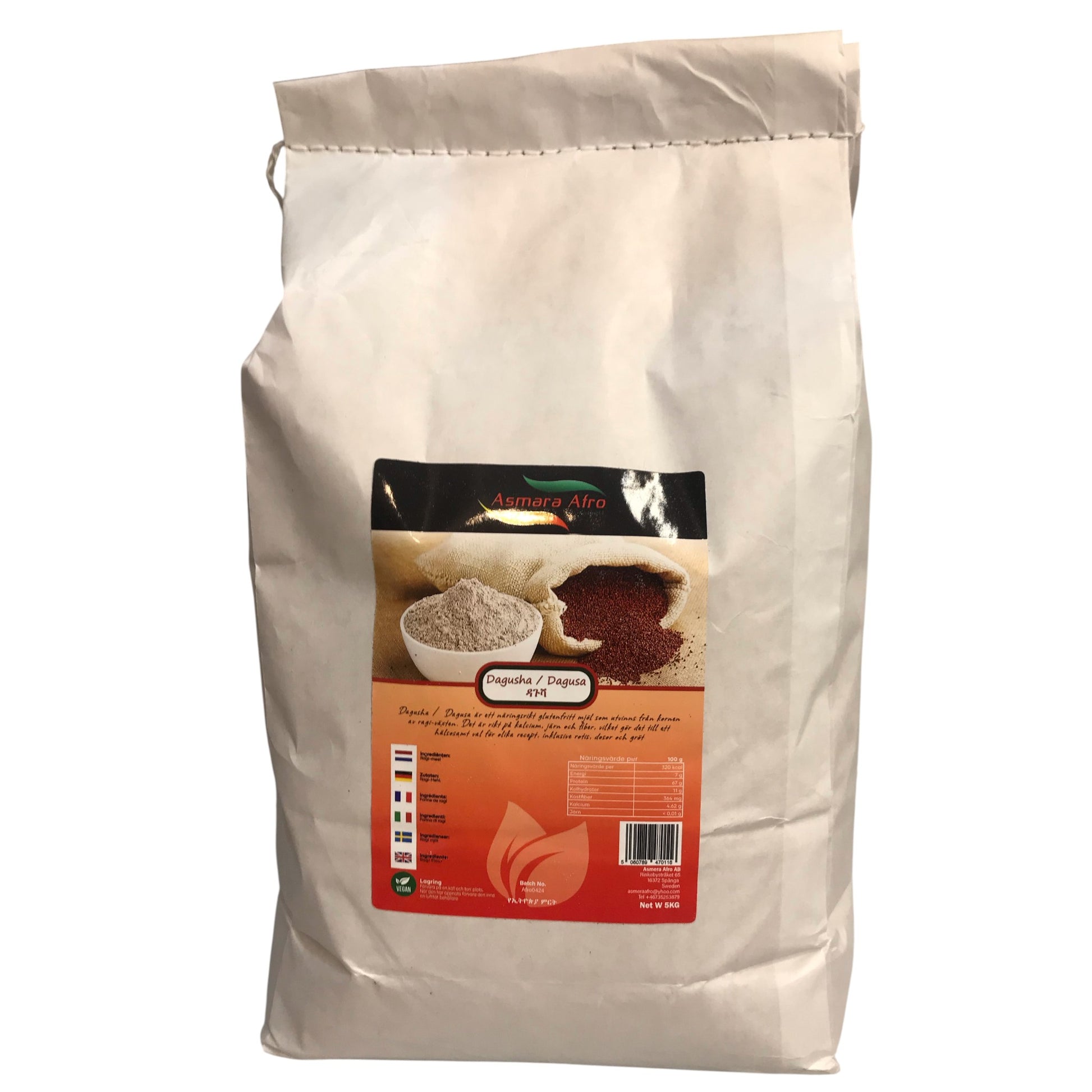 Beige bag with a label featuring images of coffee and text on a white background
