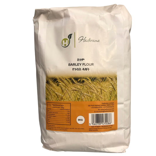 Bag of barley flour with Haderana branding on a white background